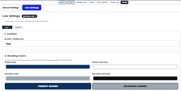 SchoolPickupLine line settings and branding screen