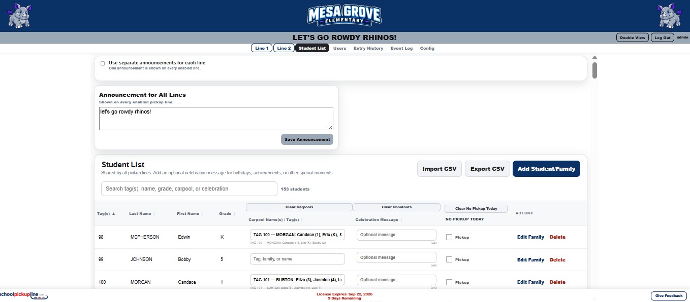 SchoolPickupLine student list administration screen