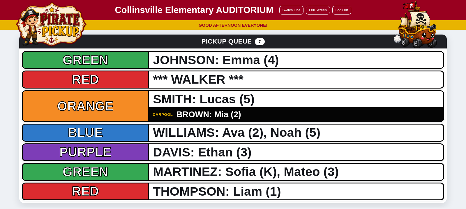 Actual SchoolPickupLine display with color blocks, students and grades, siblings, carpool callout, and a manual entry.