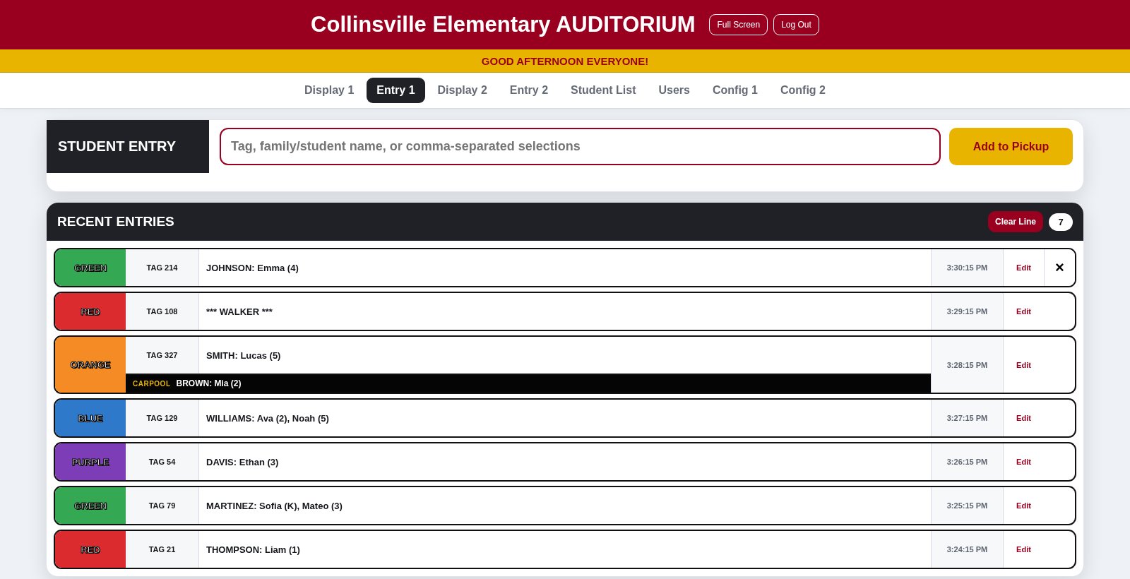 Actual SchoolPickupLine entry screen with tag numbers, siblings, a carpool, and a manual entry.
