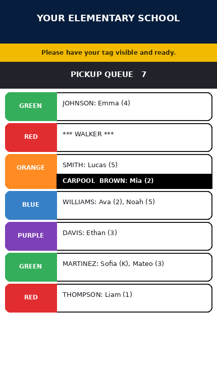 SchoolPickupLine mobile display showing the live pickup queue with grades, siblings, a carpool callout, and a manual entry.