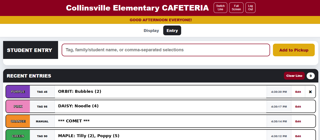 Actual responsive SchoolPickupLine entry view with manual entry and sibling examples.