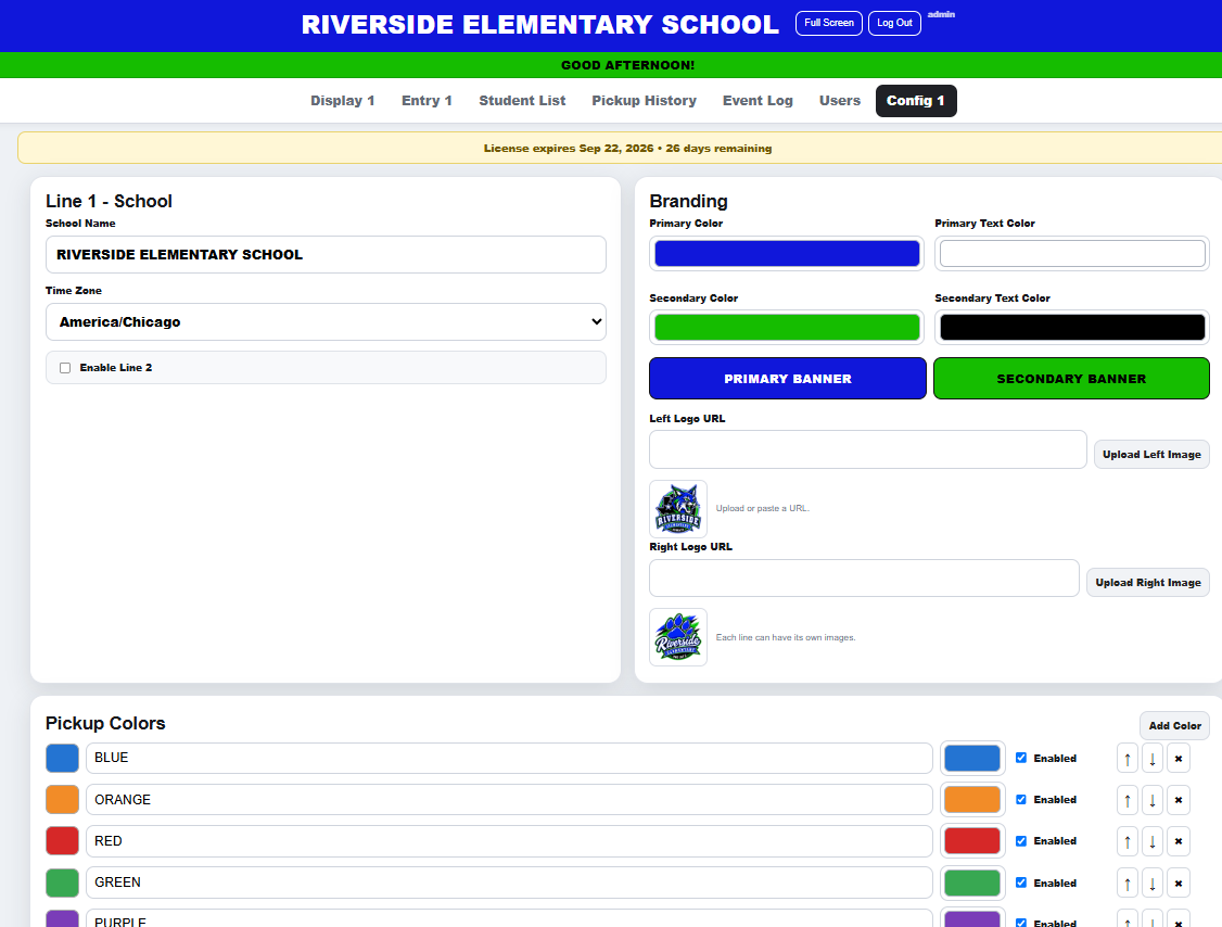 Configuration screen showing branding and pickup color settings.