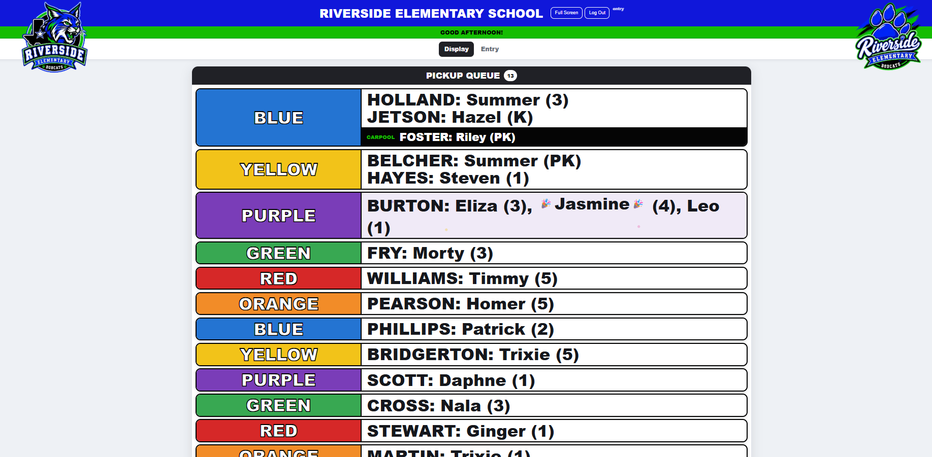 SchoolPickupLine live display showing pickup colors, siblings, and carpools.