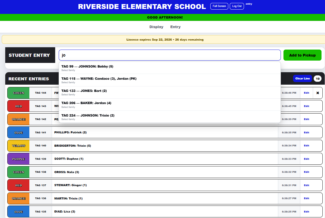 SchoolPickupLine entry screen with predictive search and recent entries.