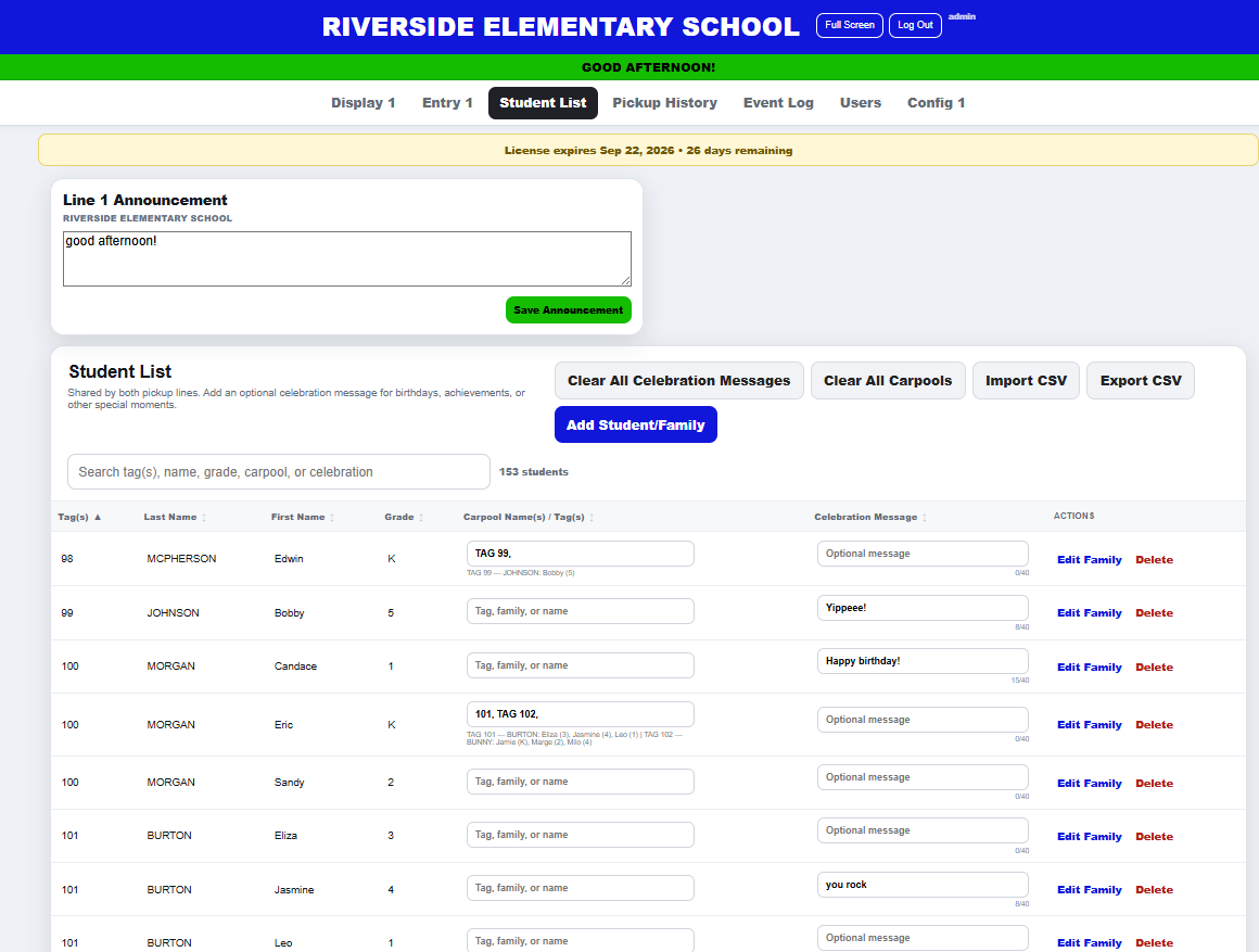 Student List screen showing pickup tags, carpools, and celebration messages.