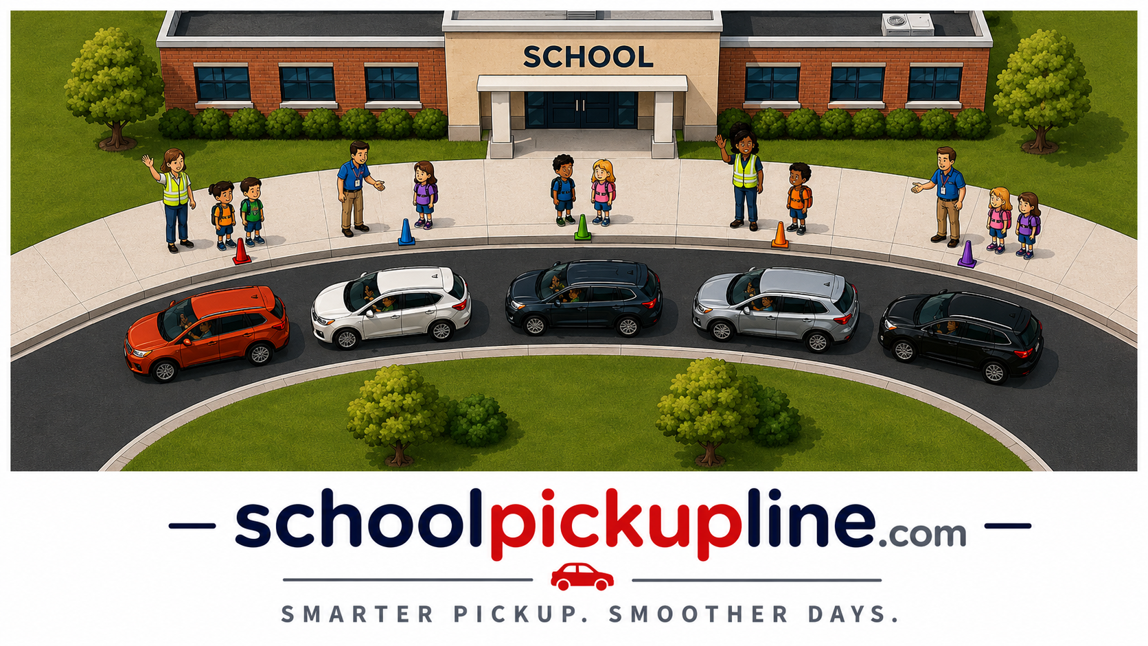 School pickup lane with cars queued single-file and staff helping students at color-coded pickup positions.