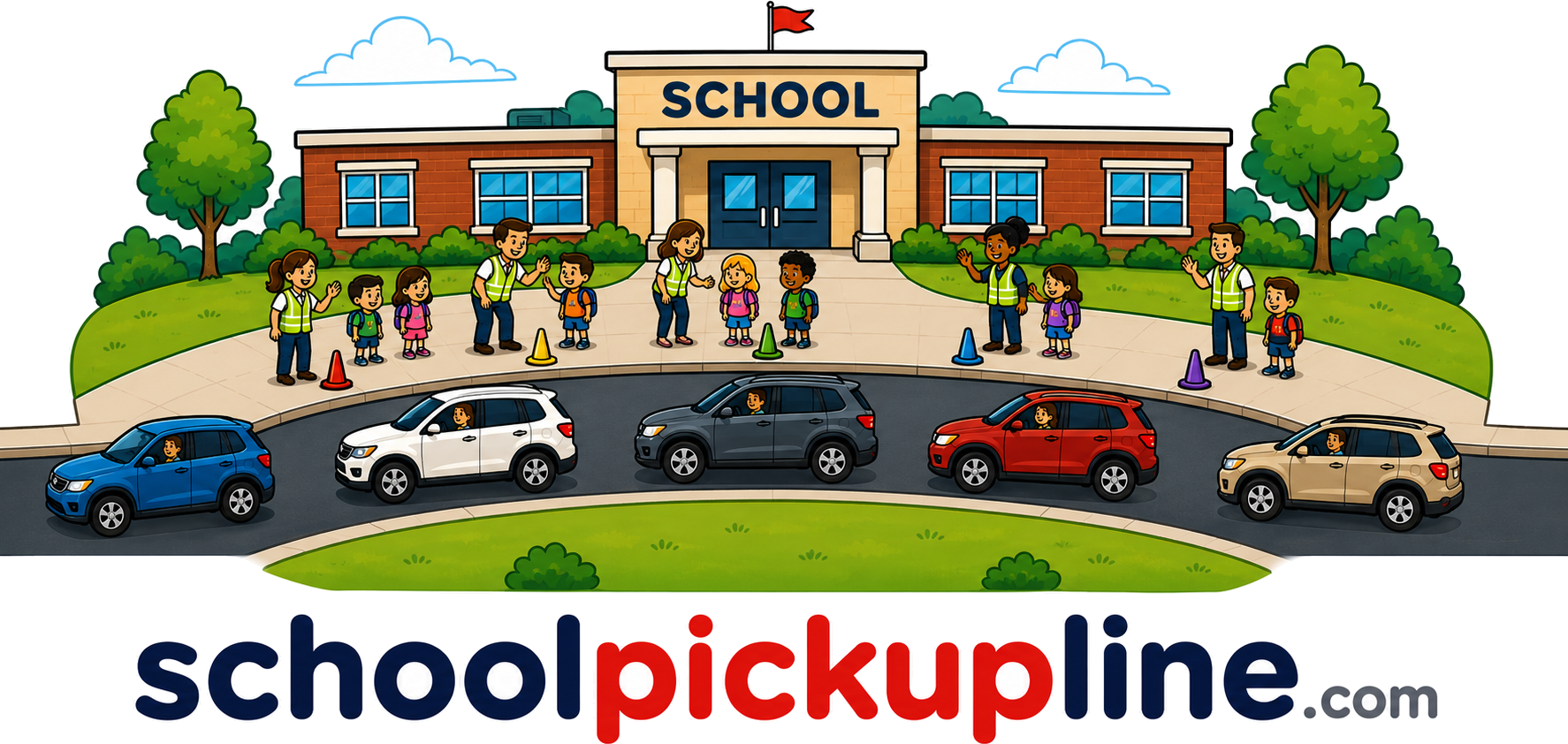 School pickup illustration with color-coded loading positions.