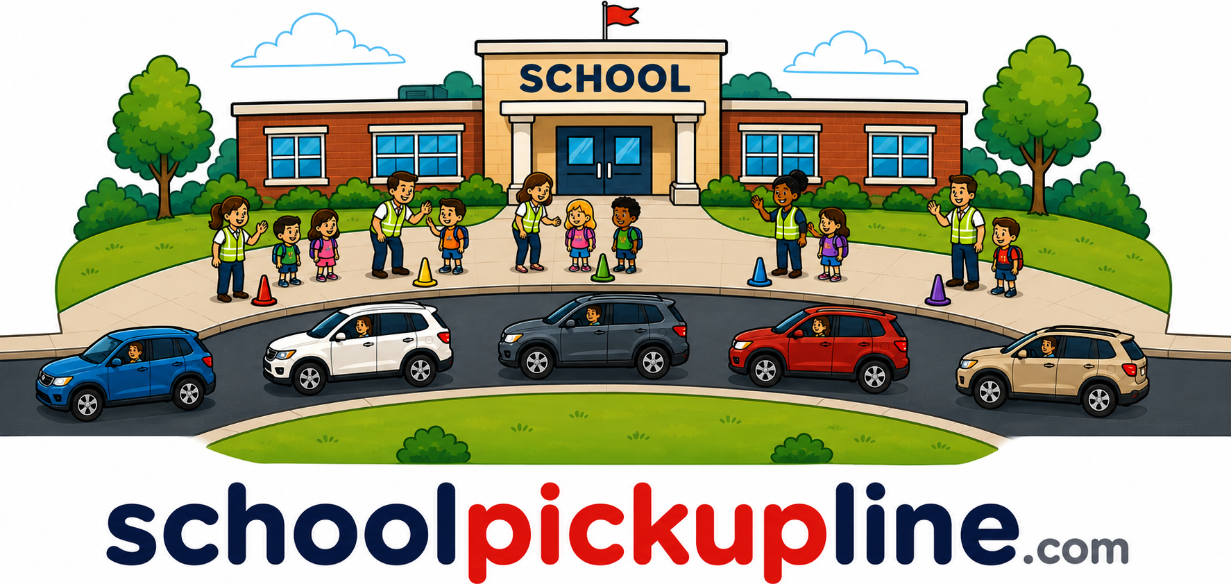 School pickup lane with cars queued single-file and staff helping students at color-coded pickup positions.