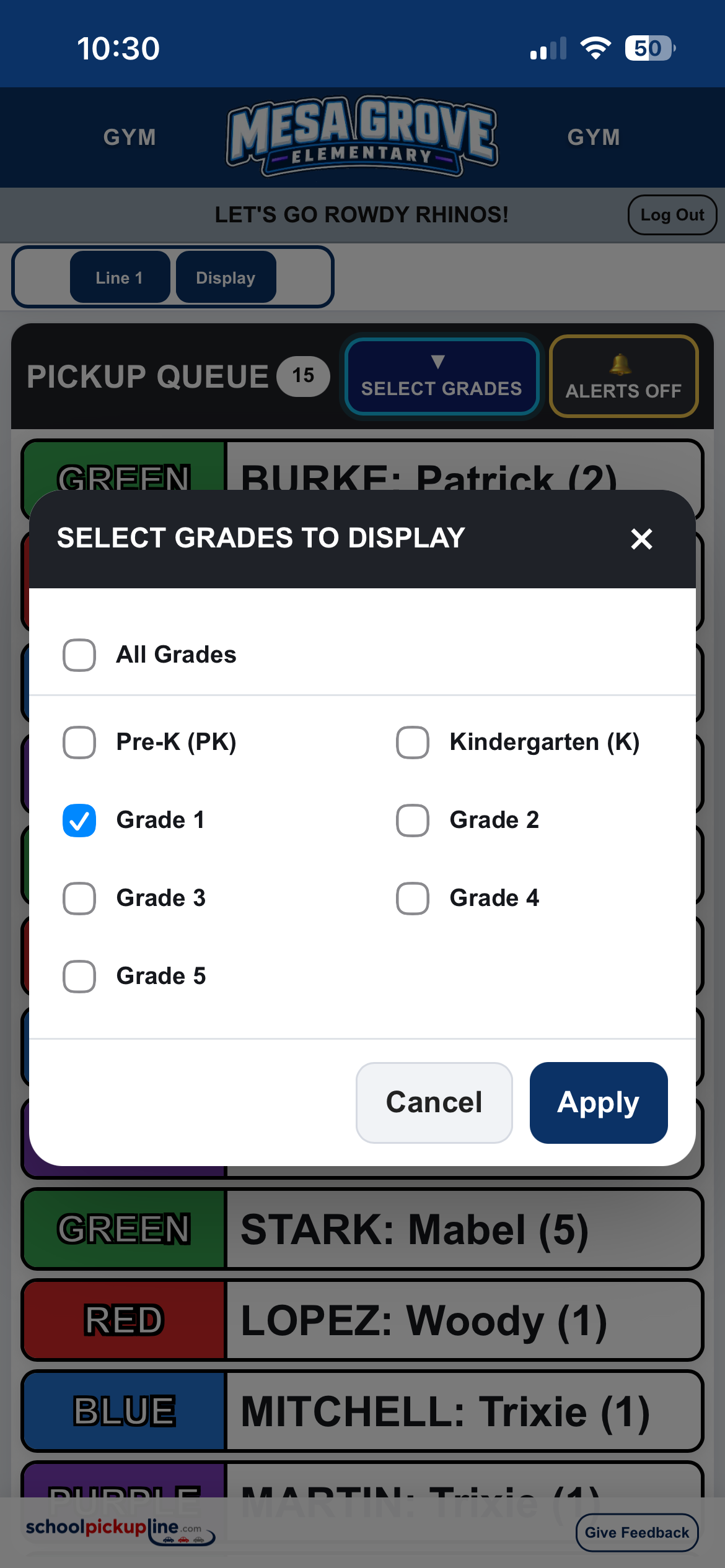 SchoolPickupLine mobile grade filtering
