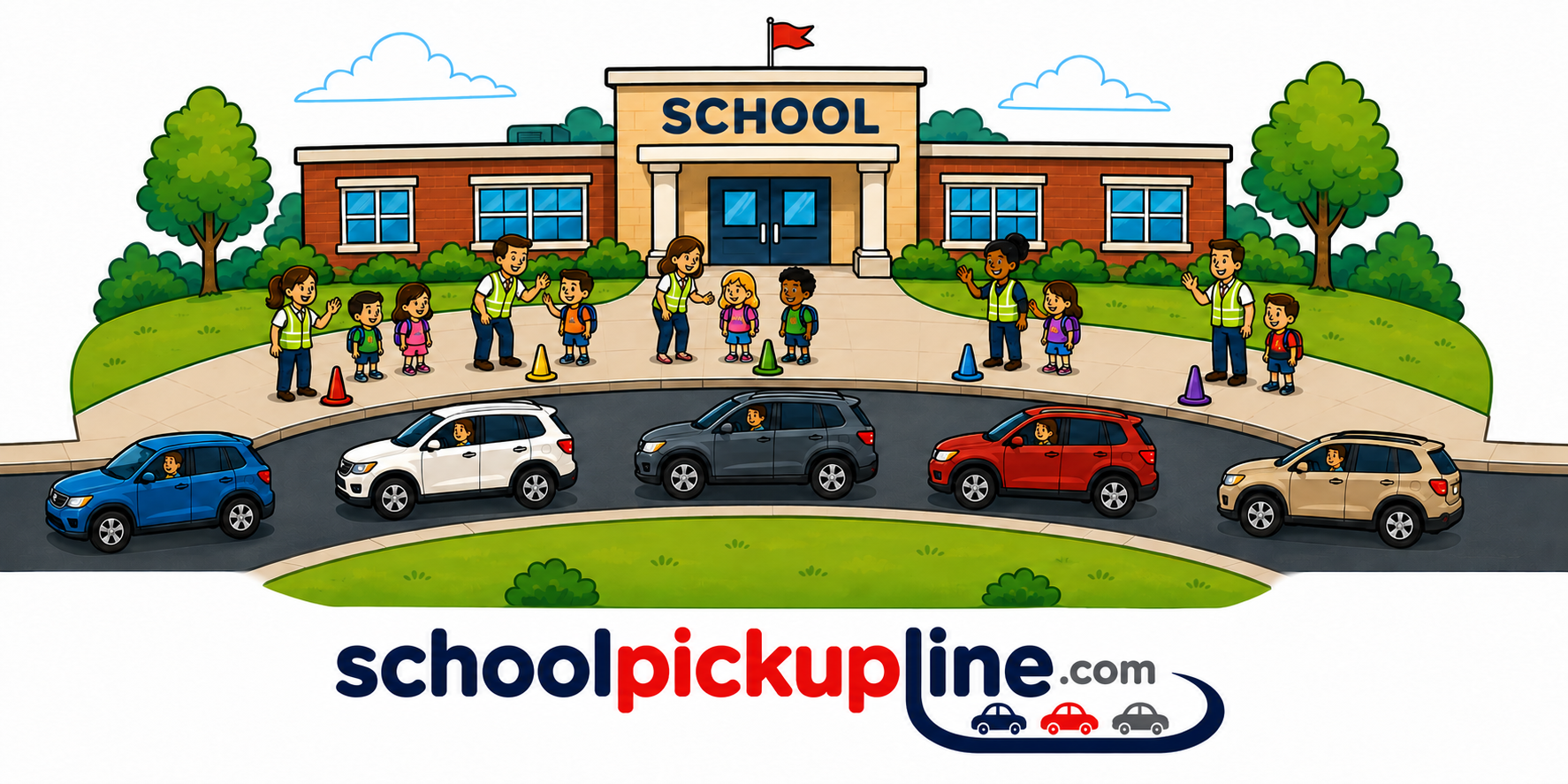 Illustration of a school pickup line with staff, students, colored loading cones and vehicles